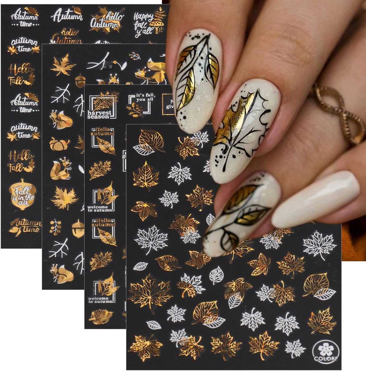 8 Sheets Bronzing Fall Nail Art Stickers Decals 3D Self-Adhesive Laser Gold White Leaves Flowers Nail Decals Autumn Maple Leaf Nails Design Stickers Thanksgiving Nail Art Supplies for Women