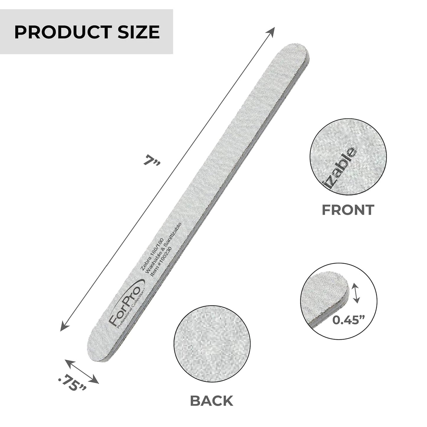 ForPro Professional Collection Zebra Foam Board, 180/180 Grit, Double-Sided Manicure Nail File, 7” L x .75” W, 50-Count
