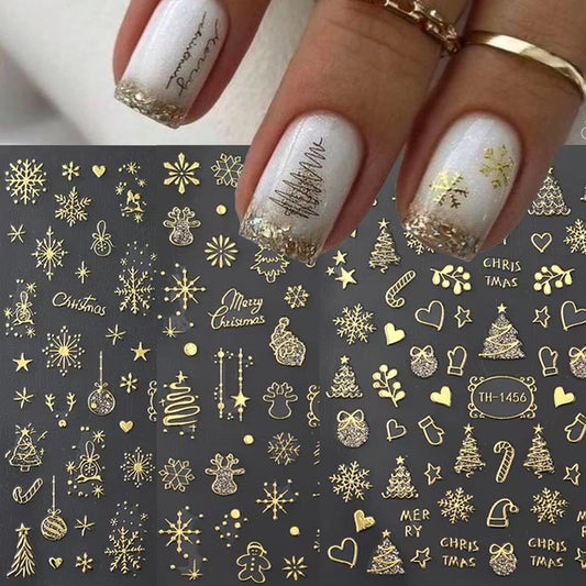 Christmas Nail Art Stickers Decals 3D Self-Adhesive Gold Christmas Nail Decals 6PCS Crystal Ball Snowflake Tree Candy Elk Xmas Nails Design Manicure Sliders for Women Holiday DIY Nail Decorations
