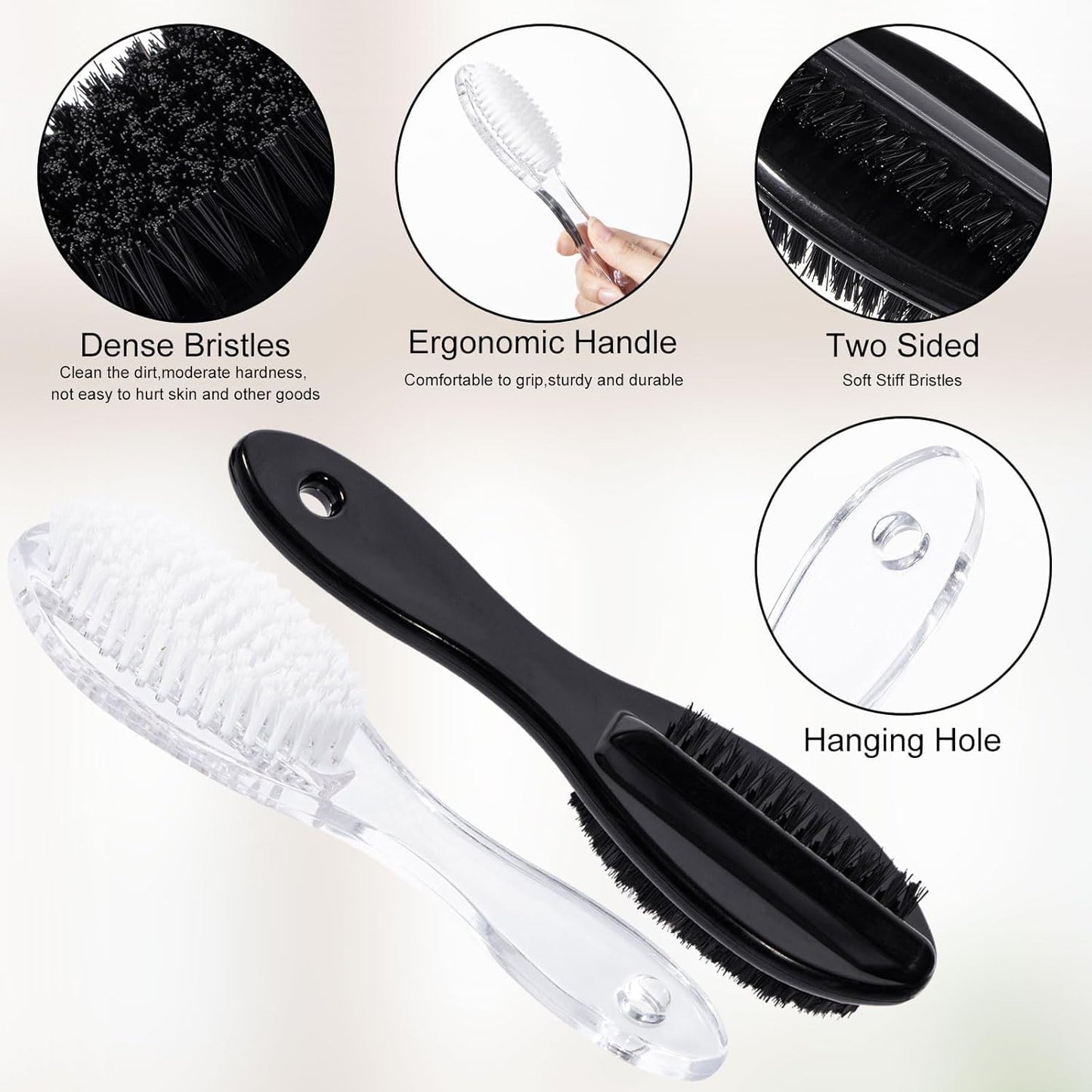 Nail Brush for Cleaning Fingernails 2 PCS, Long Handle Grip Double Sided Nail Foot Scrub Brush Fingernail Cleaner, Soft Stiff Bristles Pedicure Nail Scrubber Non-Slip for Men Women Clear White