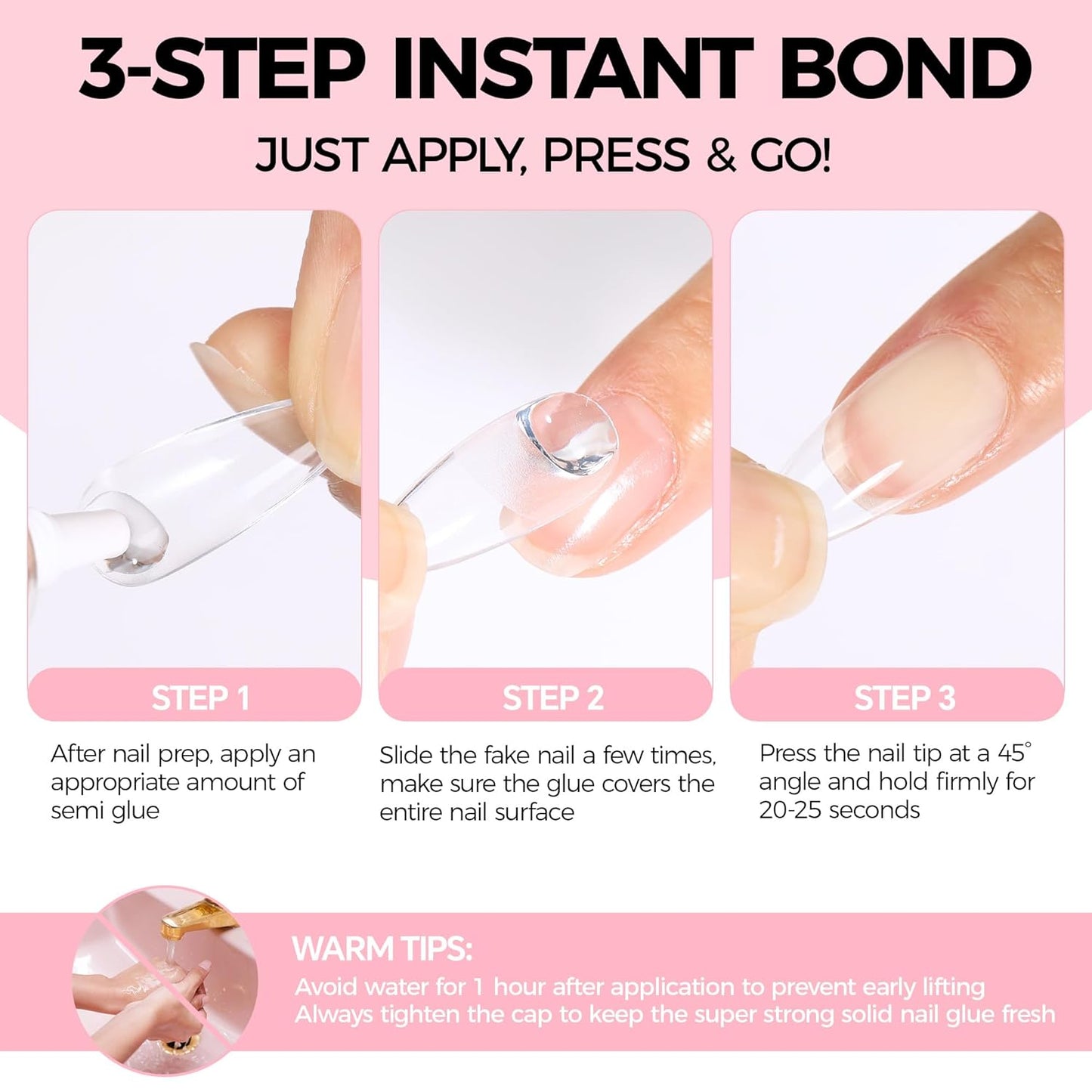 Super Strong Nail Glue for Press On Nails: 10g Semi Nail Glue with 12ml Glue Remover Kit, Quick Dry, No UV Lamp Needed with Gentle Non-Acetone Remover, Long Lasting for Acrylic Fake Nails Tips