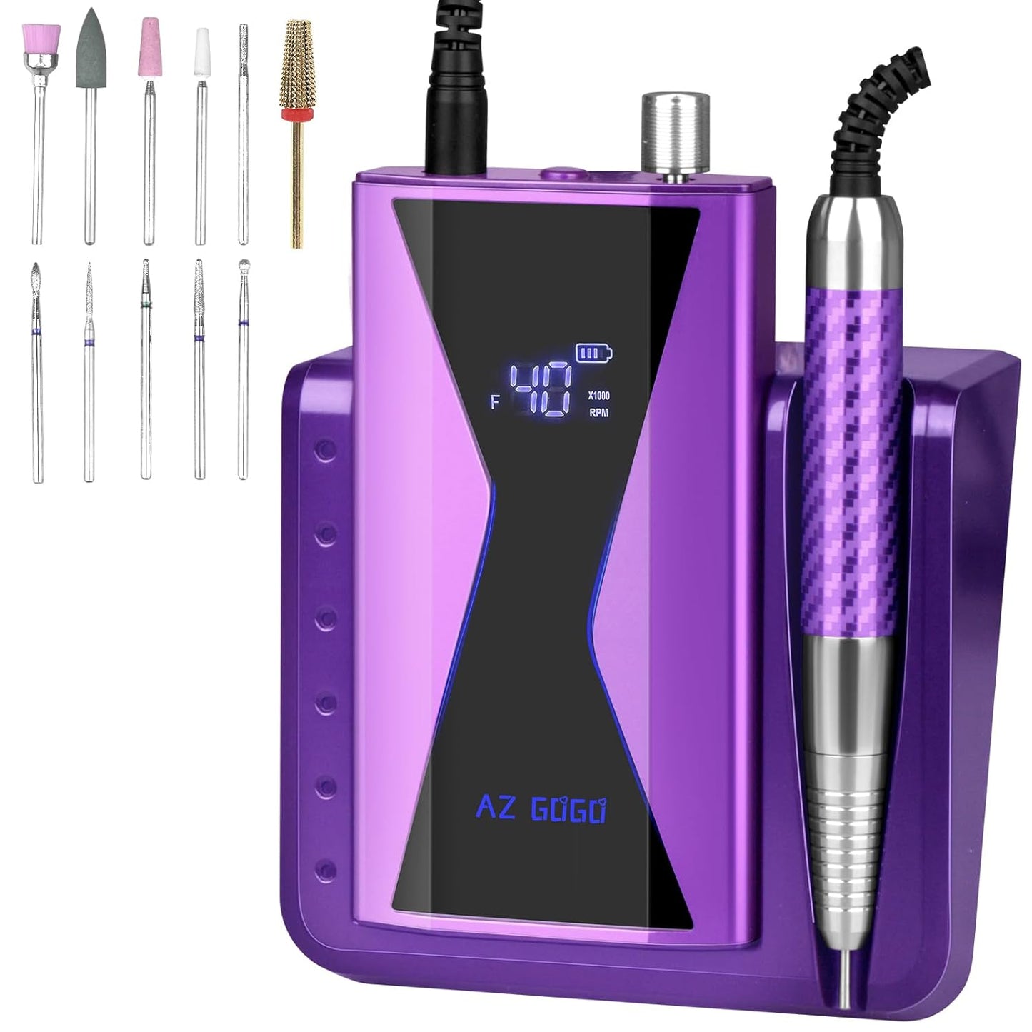 Professional Brushless Nail Drill, AZ GOGO 85W Cordless Electric Nail File 40000RPM Rechargeable Portable Nail Drill Machine for Gel Acrylic Nails, High Torque Quieter for Salon Nails Art (Purple)