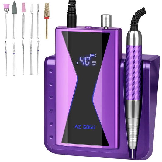 Professional Brushless Nail Drill, AZ GOGO 85W Cordless Electric Nail File 40000RPM Rechargeable Portable Nail Drill Machine for Gel Acrylic Nails, High Torque Quieter for Salon Nails Art (Purple)