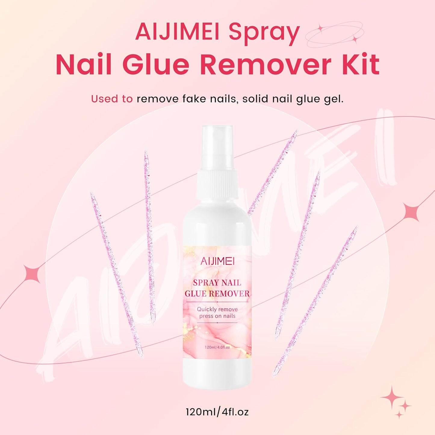 AIJIMEI Spray Nail Glue Remover Kit 4fl.oz NailGlue Remover for Press onNails with 5pcs Nail Crystal Rods for Quickly Remove NailGlue Gel Remover(120ML)