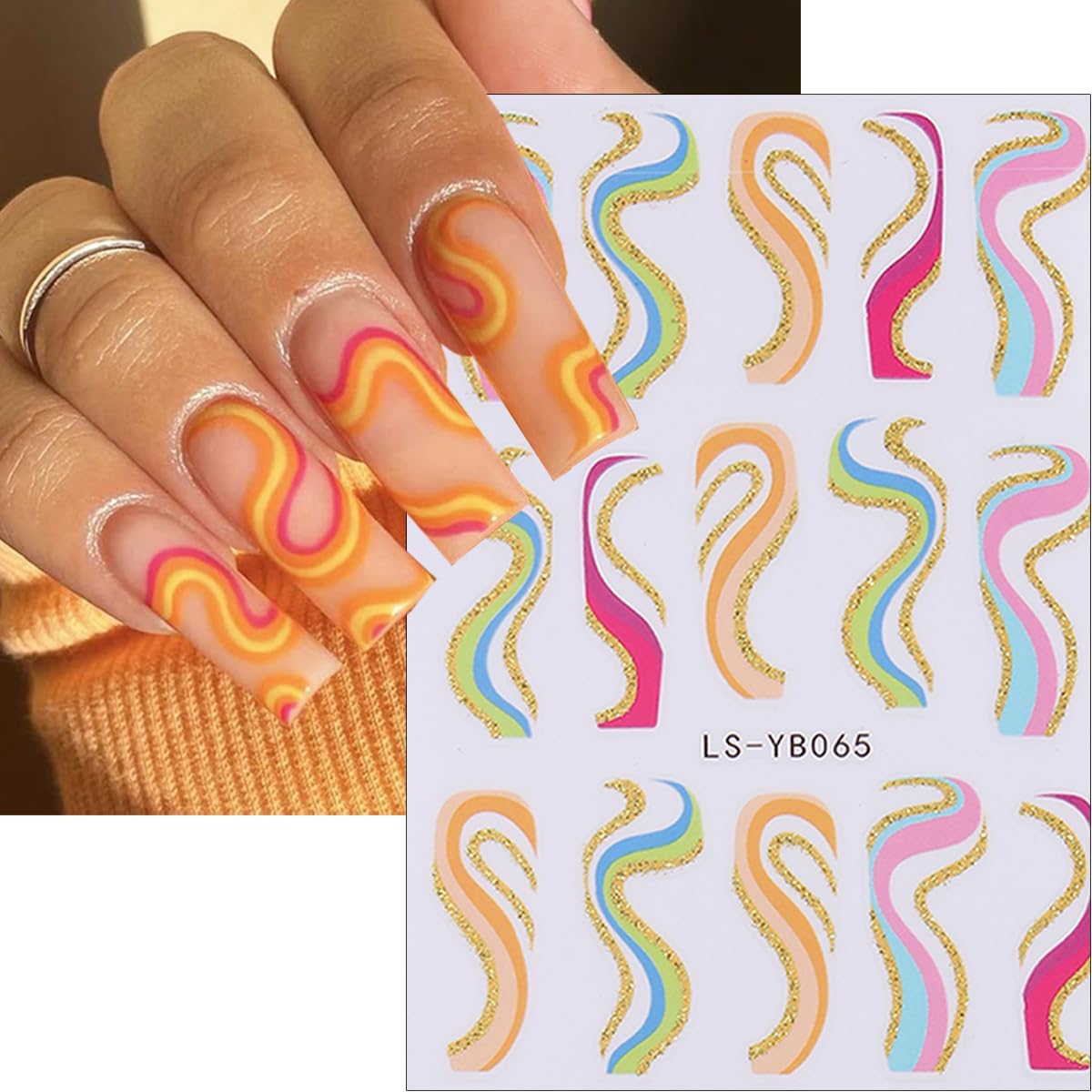 6Sheets Color French Nail Art Stickers 3D Self-Adhesive French Tip Line Nail Decals Colorful Geometric Curve Stripe Nail Stickers French Nail Tips Guides Nail Art Supplies for Women DIY Manicure Charm