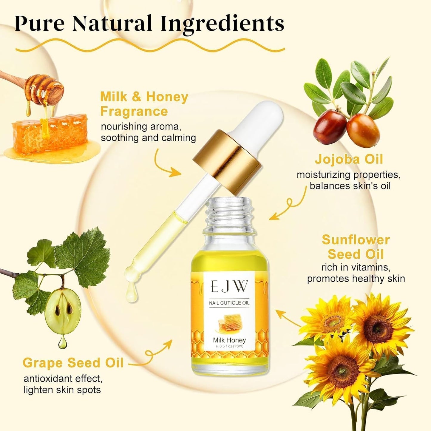 EJW Cuticle Oil for Nails, Hydrating, Scented Nail Oil Cuticle Care - Repaired Cuticles, Damaged Skin and Thin Nails, Moisturizes and Strengthens Nails, 0.5 fl.oz (Milk and Honey)
