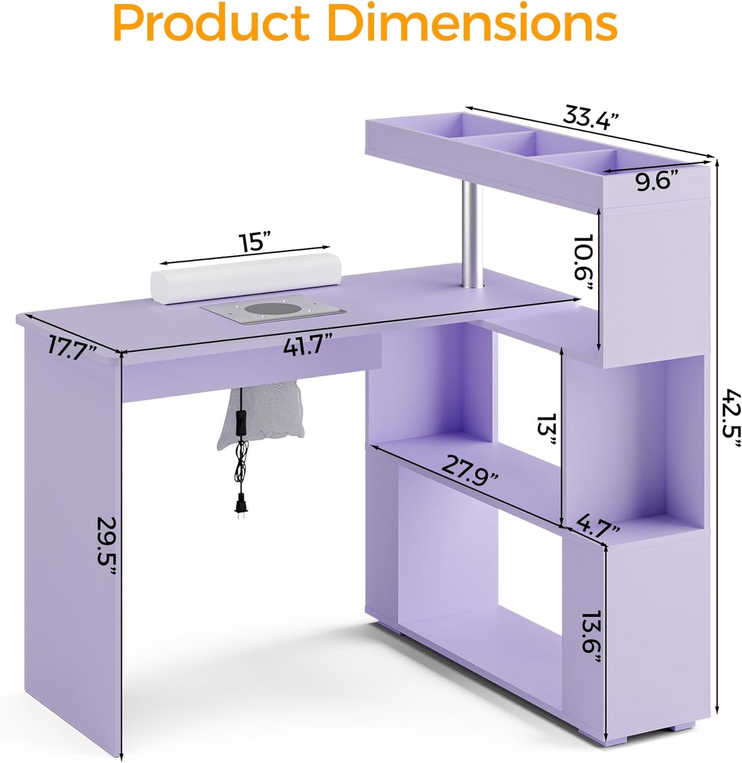 Manicure Table, L-Shaped Nail Tech Desk with Dust Collector, Reversible Rotating Table & Storage Shelf, Acetone Resistant Beauty Salon Station, Purple
