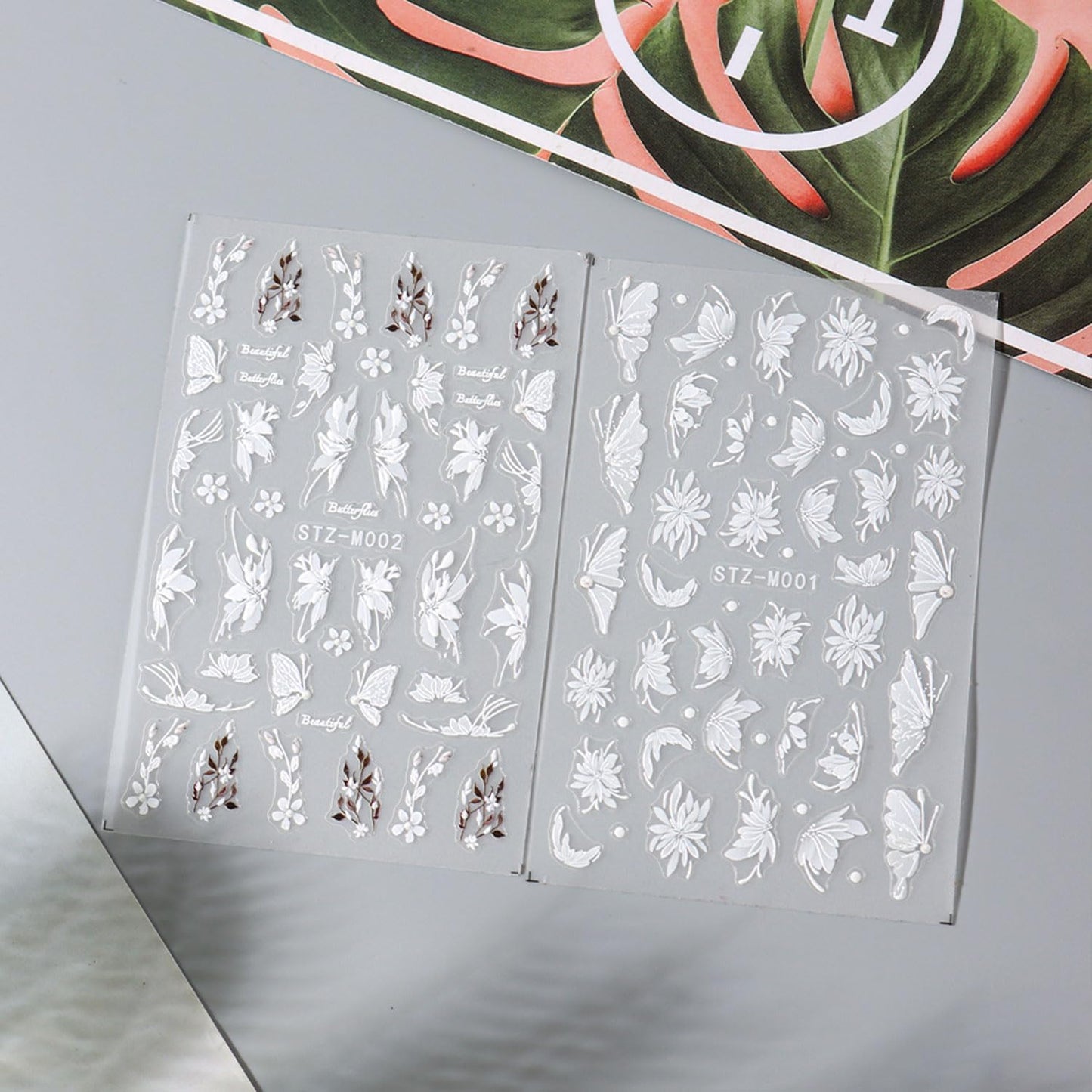 2Pcs Flower Nail Stickers for Nails Art White Magnolia Flowers Nail Art Stickers Decals Summer Butterfly Self-Adhesive Design Nail Supplies for Women Manicure Accessories