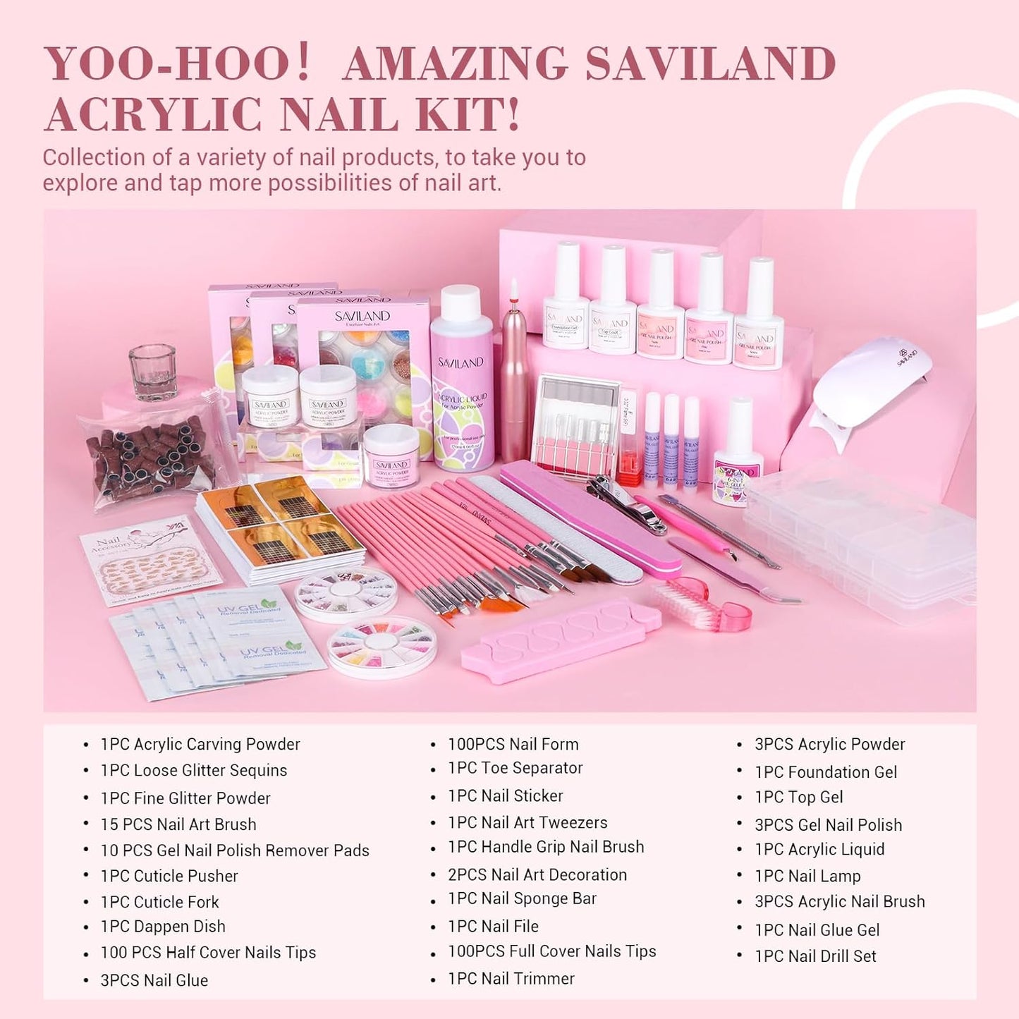 SAVILAND Essentials Acrylic Nail Kit with Drill: Professional Nails Kit Acrylic Set with Everything U V Light Gel Polish Nail Glue Tips Nail Art Supplies for DIY Home Salon