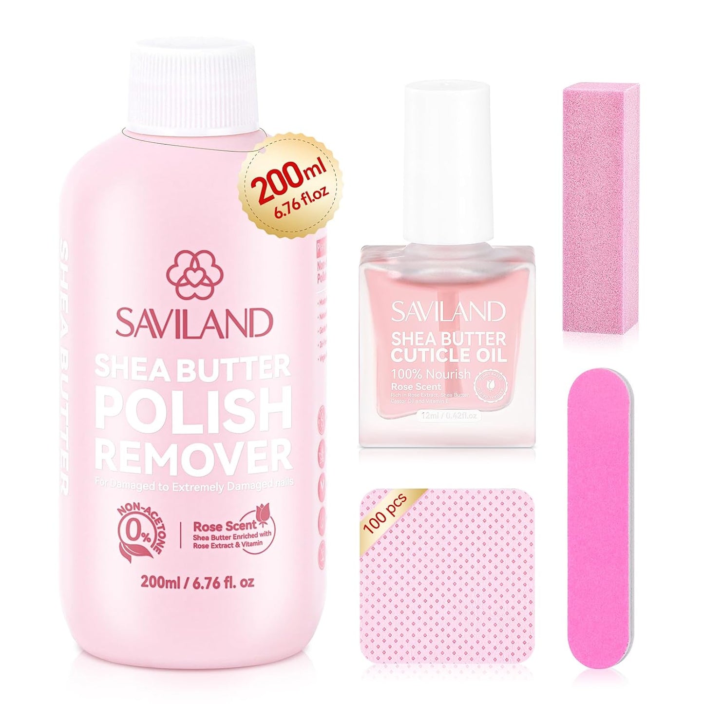 SAVILAND Plant-Based Nail Polish Remover Kit: 6.76 fl.oz Non Acetone Fingernail Polish Remover Shea Butter Nail Remover with Castor Oil VE Cuticle Oil & Nail Removal Tools for All Nail Polish Types
