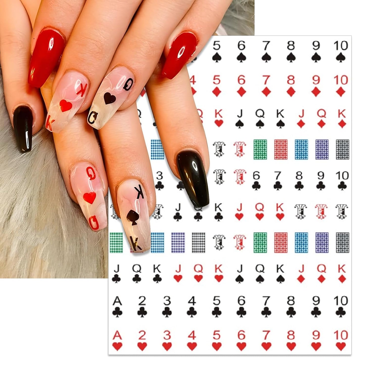 8 Sheets Poker Nail Art Stickers - Playing Card & Vegas Casino Theme Self-Adhesive 3D Nail Decals for DIY Slot Machine Winner Manicure