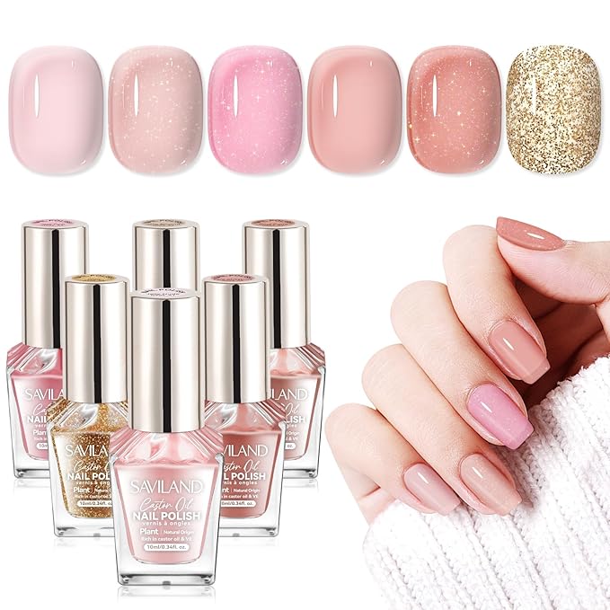 SAVILAND Quick Dry Nail Polish: 6Pcs Hot Sheer Color Fingernail Polish Set Neutral Solid Color Pink Nudes Glitter Nail Polish Kit Castor Oil Non Gel Nail Lacquer Finger Toe Nail Art Home DIY Gift Set