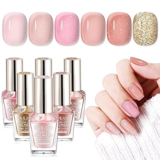 SAVILAND Quick Dry Nail Polish: 6Pcs Hot Sheer Color Fingernail Polish Set Neutral Solid Color Pink Nudes Glitter Nail Polish Kit Castor Oil Non Gel Nail Lacquer Finger Toe Nail Art Home DIY Gift Set