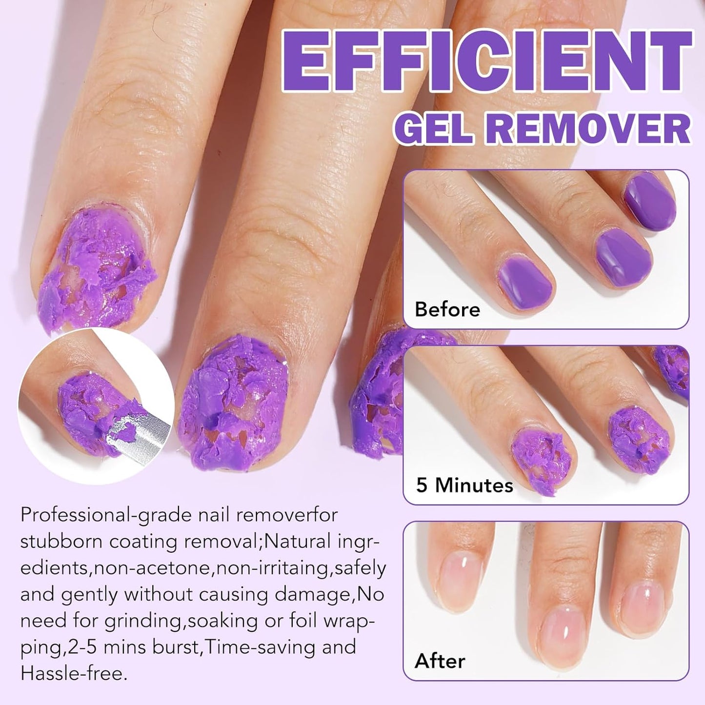 Gel Nail Polish Remover, Professional Gel Remover for Nails Kit with Cuticle Pusher & Scraper, Quick & Easy Remover Nail Polish in 2-5 Minutes, No Need for Foil Soaking or Wrapping