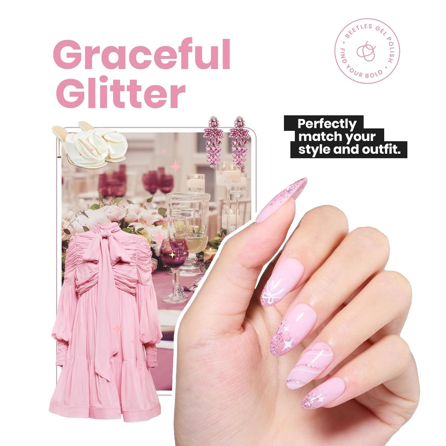 Beetles Glitter Nail Polish, 15ml Light Pink Sparkly Iridescent Rainbow Shimmer Nail Polish, Diamond Shiny Glitter Fast Drying & Long Lasting Nail Lacquer Shimmer for Nail Salon-Quality Results