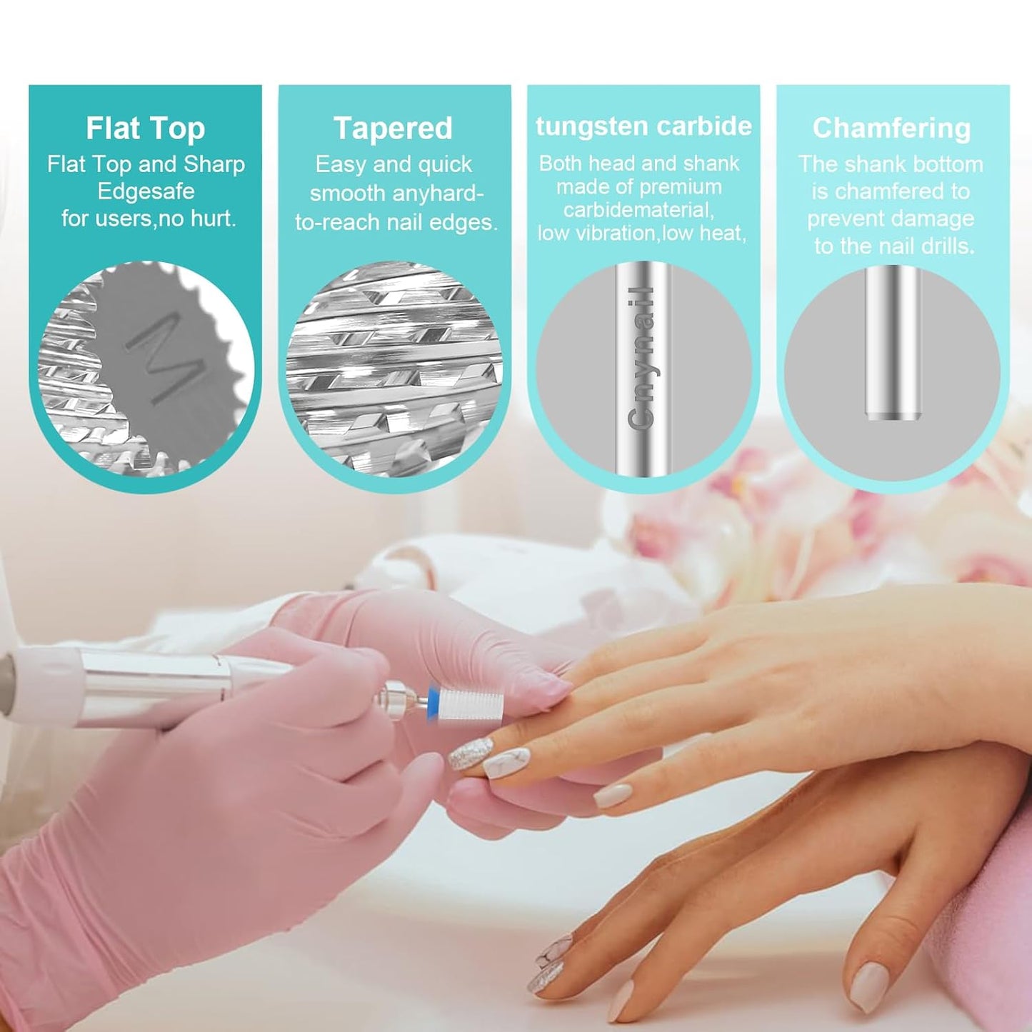3/32" Large Tapered Barrel Flat Bit Tungsten Carbide Nail Drill Bit Safety Bit for Gel & Acrylic Removal, 2- Way Rotating Efile Tip, Salon Electric File Accessory (M Girt, Silver)