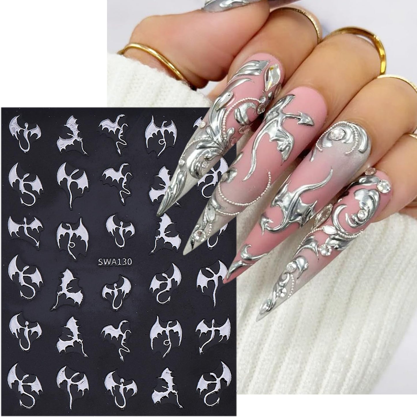 6 Sheets Halloween Nail Stickers for Nail Art Horror Bat Nail Decals Gold Silver Holographic Laser Gothic Dragon Nail Art Stickers 3D Self-Adhesive Halloween Bats Nail Design Supplies for Women