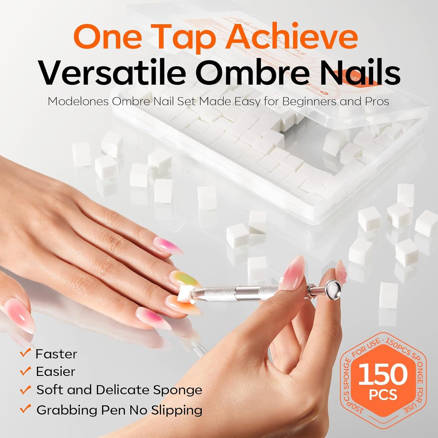 Modelones 150pcs Nail Sponges for Ombre, Nail Art Sponge with Grabbing Pen Reusable Soft Sponges for Gradient Ombre Blush Chrome Design Effects Professional Nail Stuff Supplies DIY