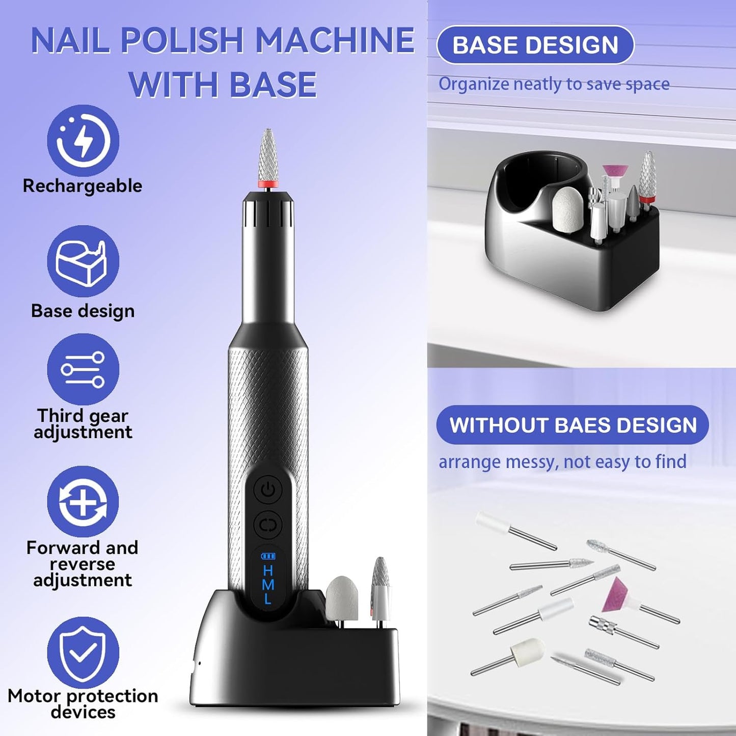 Portable Electric Nail Drills,Professional Nail Drill File Kit for Acrylic,Manicure and Pedicure Sets for Grinding,polishing and Trimming,Rechargeable Pedestal Nail Polisher. Black