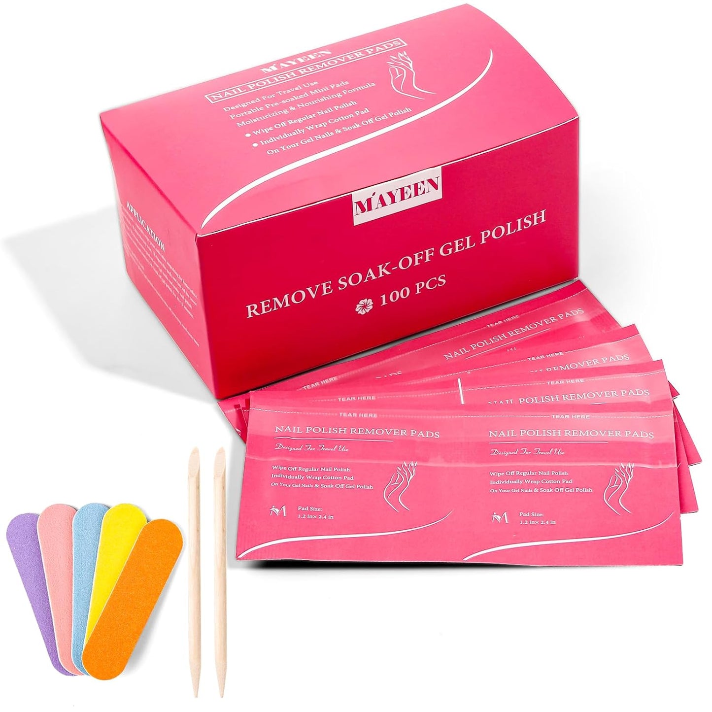 MAYEEN Nail Polish Remover Pads 100 Pack Individually Wrapped Acetone Gel Polish Remover Pads Nail Polish Remover Wipes Travel Pad For Gel & Acrylic Nails Moisturizing & Gentle