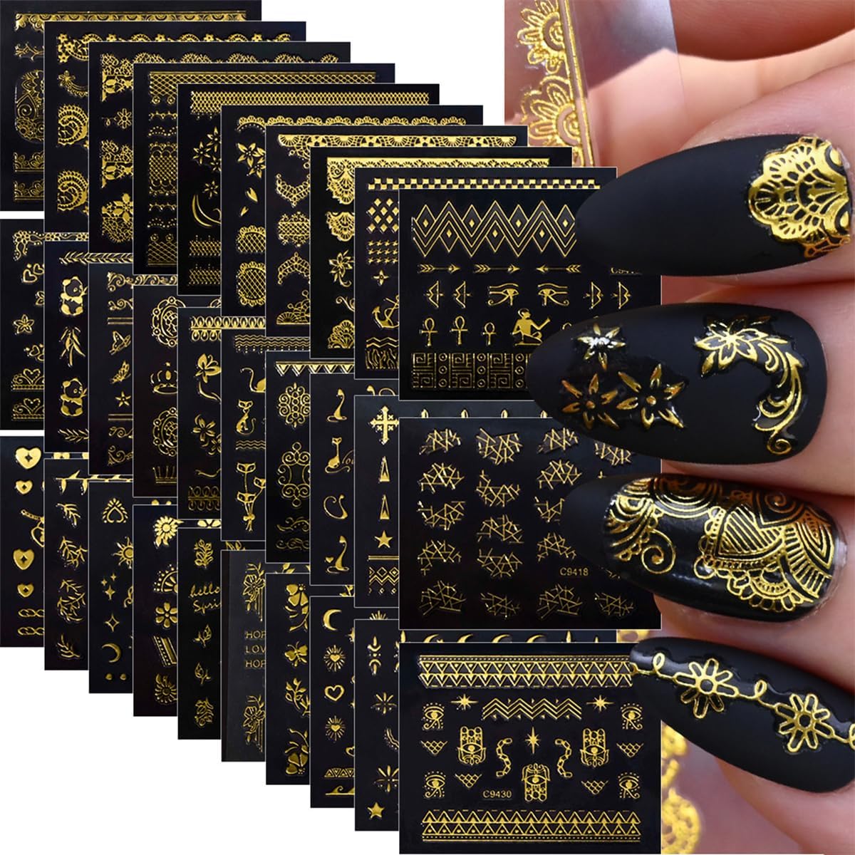 30 Sheets Gold Nail Art Stickers 3D Self-Adhesive Gold Lace Cat Flower Star Moon Heart Nail Decals 3D Gold Retro Hollow Nail Stickers Nail Art Design for Women DIY Acrylic Nails Decoration