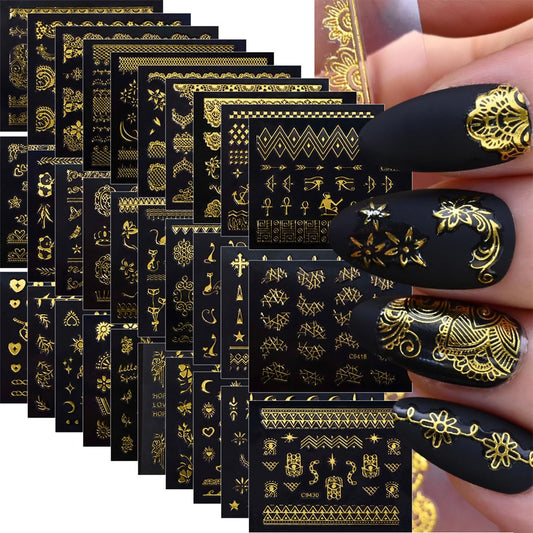 30 Sheets Gold Nail Art Stickers 3D Self-Adhesive Gold Lace Cat Flower Star Moon Heart Nail Decals 3D Gold Retro Hollow Nail Stickers Nail Art Design for Women DIY Acrylic Nails Decoration