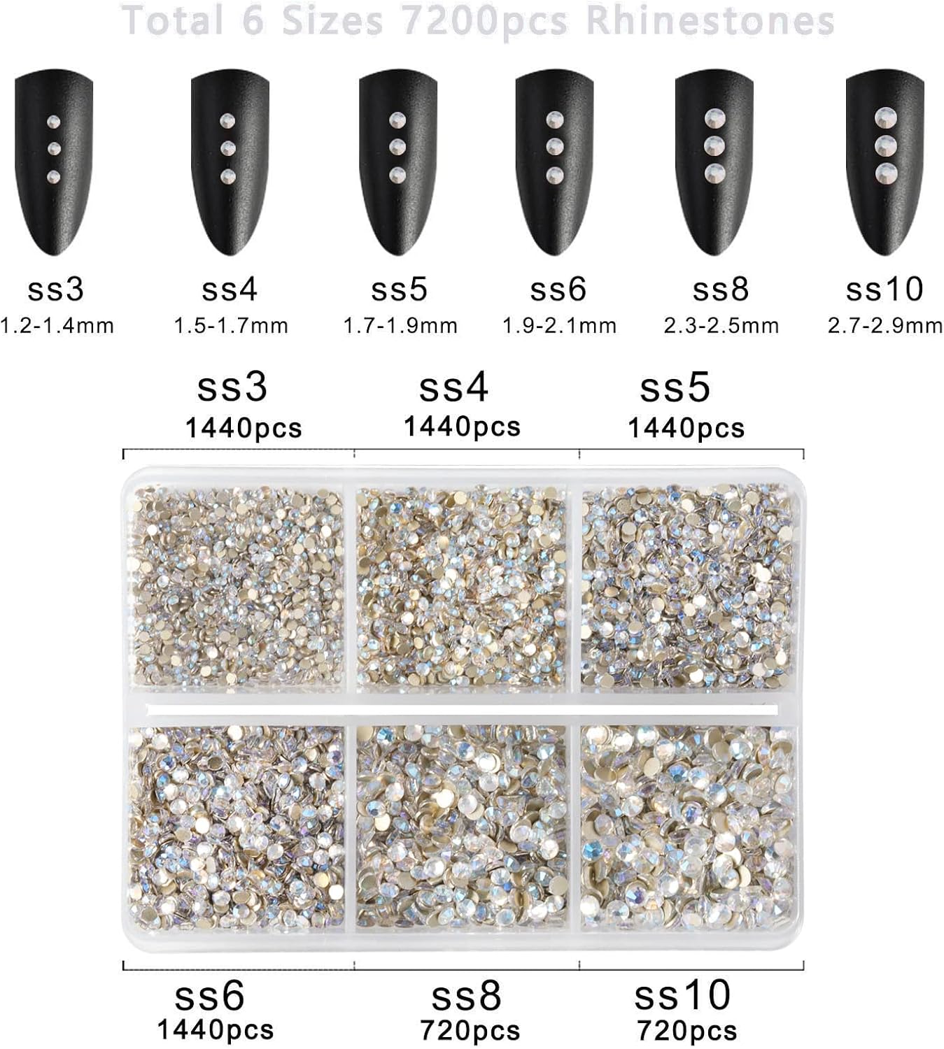 Beadsland 7200pcs Flatback Rhinestones,Glass Rhinestone Nail Gems Round Crystal Rhinestones for Crafts,Mixed 6 Sizes with Wax Pencil Kit, SS3-SS10,Blue Moonlight