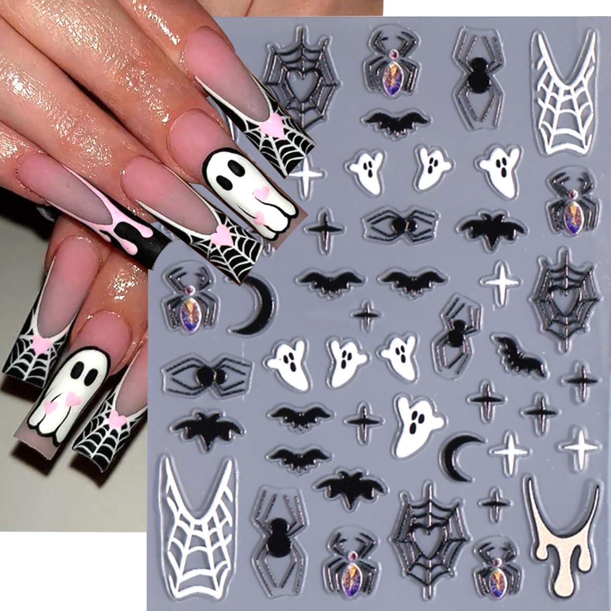 6 Sheets Halloween Nail Art Stickers 3D Self Adhesive Cute Ghost Spider Wed Nail Decals Gothic Bat Blood Nail Stickers Glitter Silver French Nail Design Decals Holiday Nail Art Supplies for Women