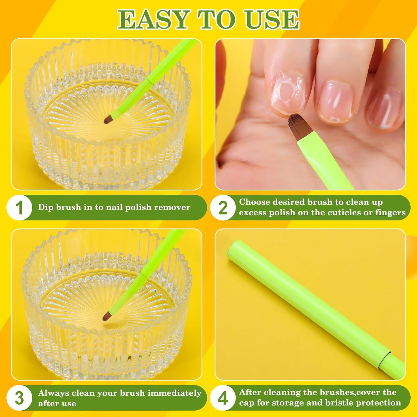 3PCS Nail Clean Up Brushes for OPI Nail Polish Remover, Brushes for Cleaning Polish Mistakes on the Cuticles, Acetone Resistant Nail Brush for Nail Art and Designs（Fluorescent Green ）
