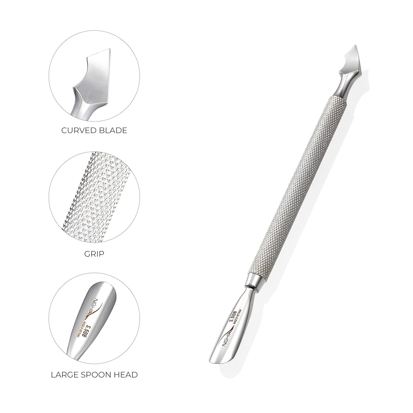 NGHIA Pusher - S-508 (Stainless Steel) | Double–Ended Nail Cleaner and Cuticle Pusher | Premium Quality for Nail Care | Ergonomic Design | Suitable for Professional & Home Use