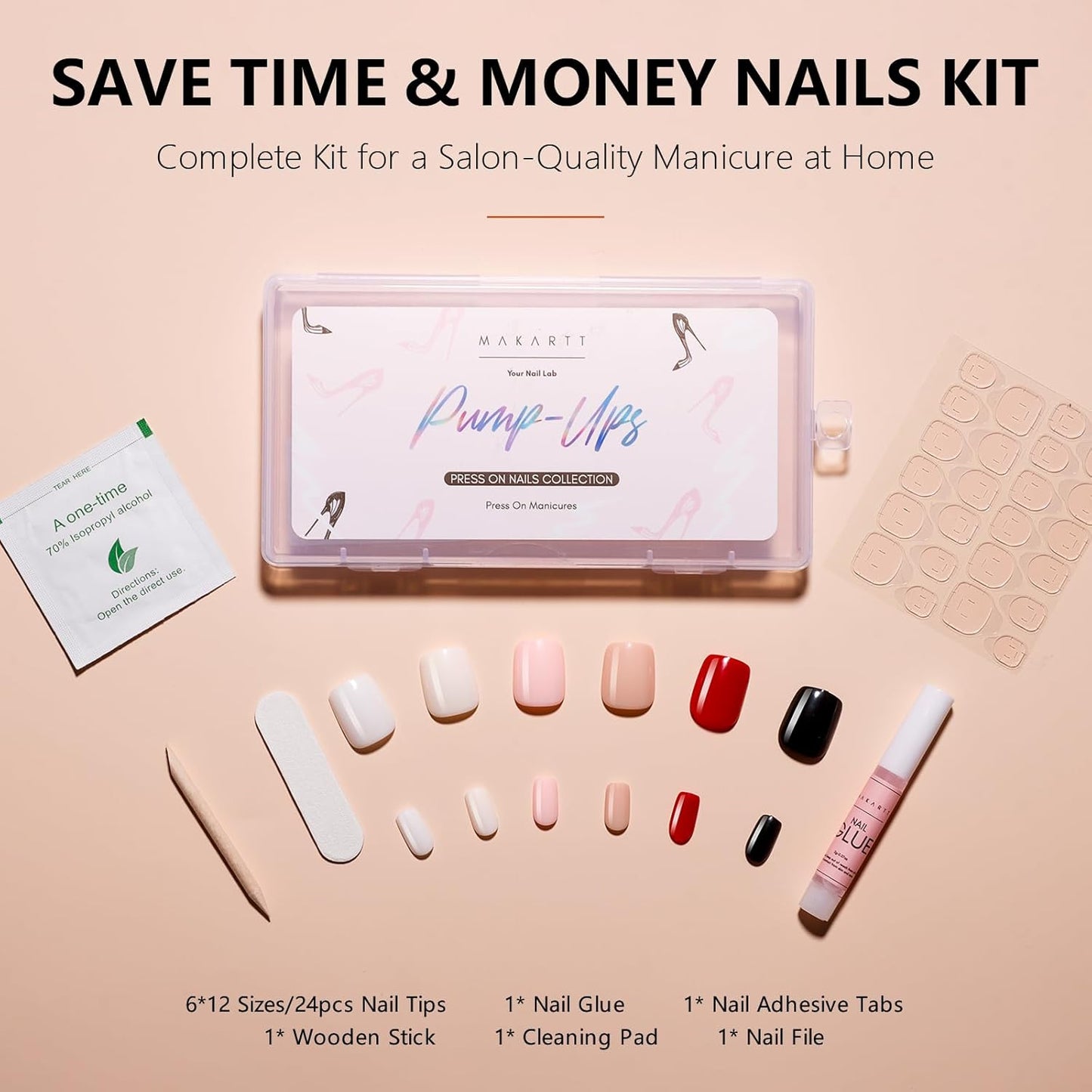 Makartt Press on Nails Kit: Short Classic Monochrome Coffin Tips in 6 Styles 144PCS, Natural Fit with Adhesive Tabs, Nail Glue, and File, Manicure Set for Home Salon