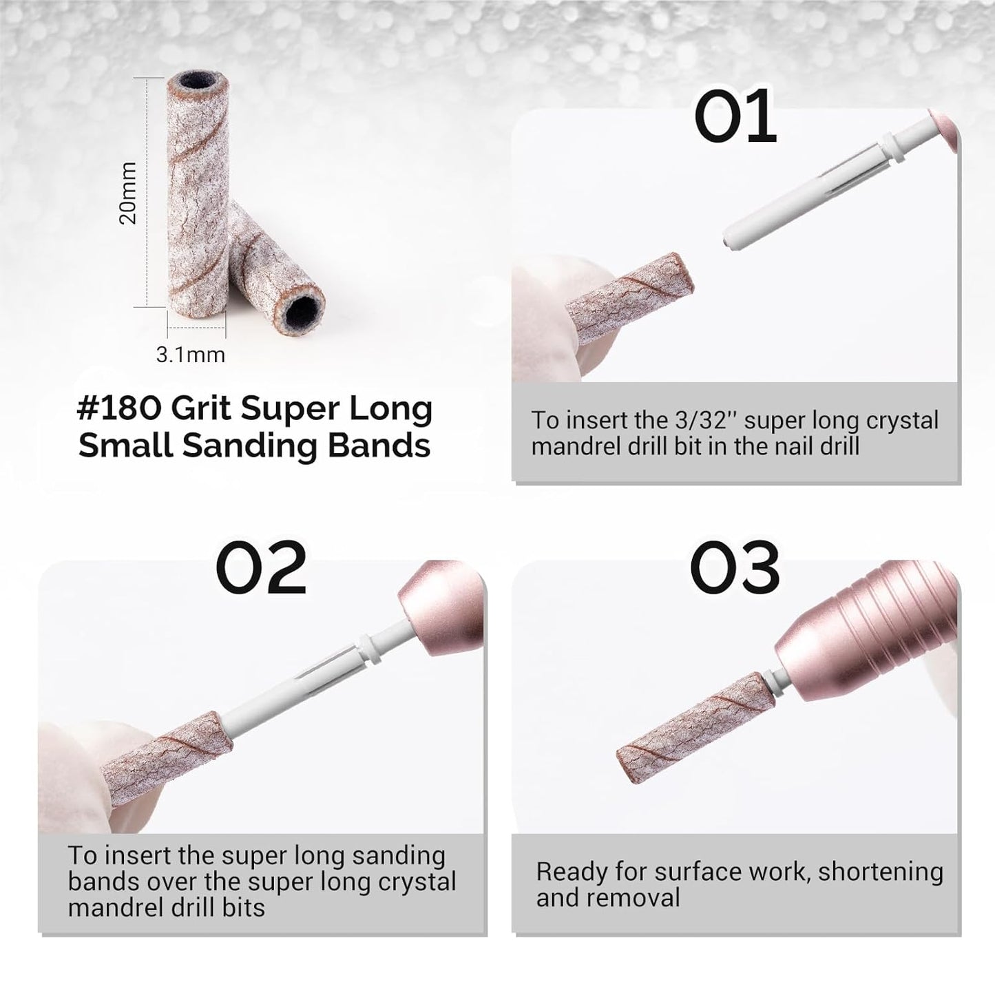 MelodySusie 50 Pcs Nail Drill Bits Super Long Small Sanding Bands with 3.1mm Crystal Mandrel Bit, 180 Fine Grit Nail File for Acrylic Nails Gel Manicures and Pedicure, Zebra
