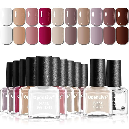 12 PCS Nail Polish Set 10 Color With 2PCS Base and Top Coat Quick Drying Fall Nude Brown White Red Color Holiday Gift for Her