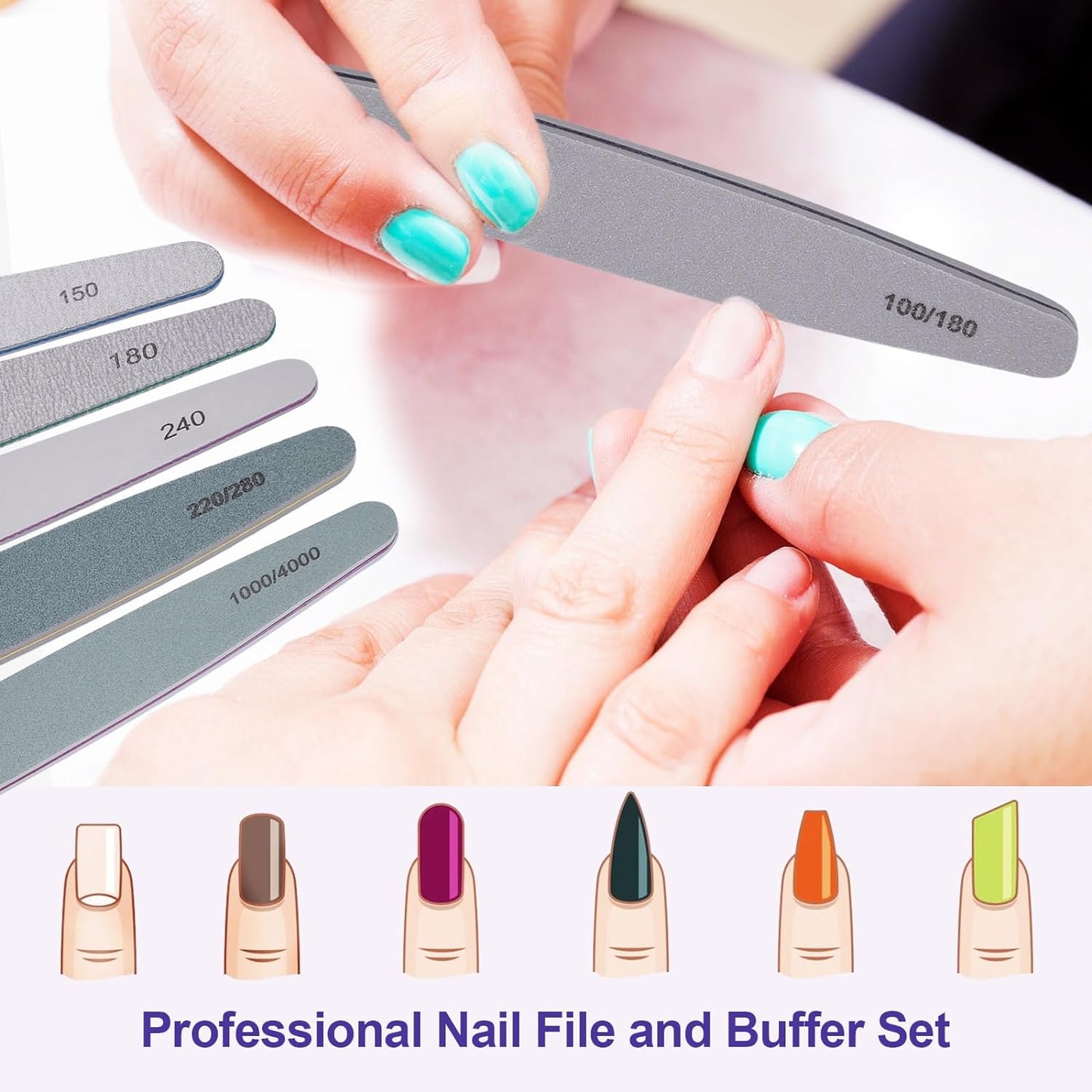 Nail File and Buffer Set, 6 Pcs Professional Nail File Kit for Acrylic and Natural Nails, 100/150/180/220/240/280/1000/4000 Grit Soft Nail Filer Gel Nail Files & buffers Filing Emery Board Home Salon