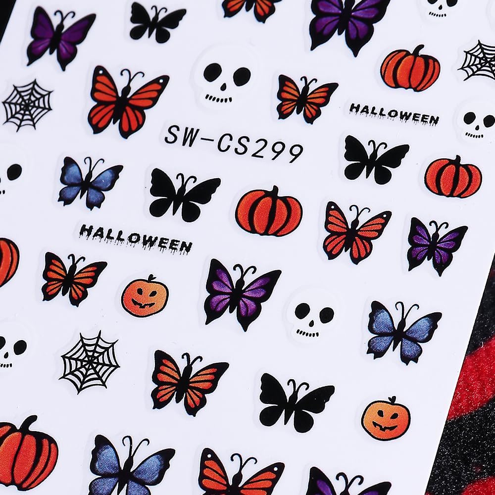 Halloween Nail Art Stickers Decals Skull Bat 3D Self-Adhesive Nail Decals Nail Art Supplies 6PCS Spider Web Butterfly Pumpkin Halloween Nails Design Manicure Sliders for Women DIY Nail Decorations