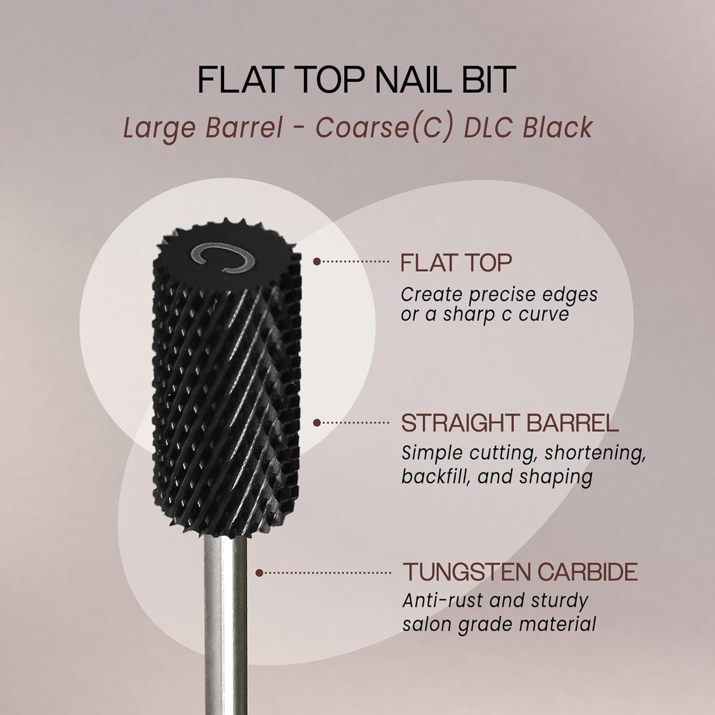 PANA Professional 3/32" Shank Size - Flat Top Large Barrel Carbide Bit - Nail Drill Bit for Dremel Machine (Silver, Gold, DLC Black) (Coarse, DLC Black)
