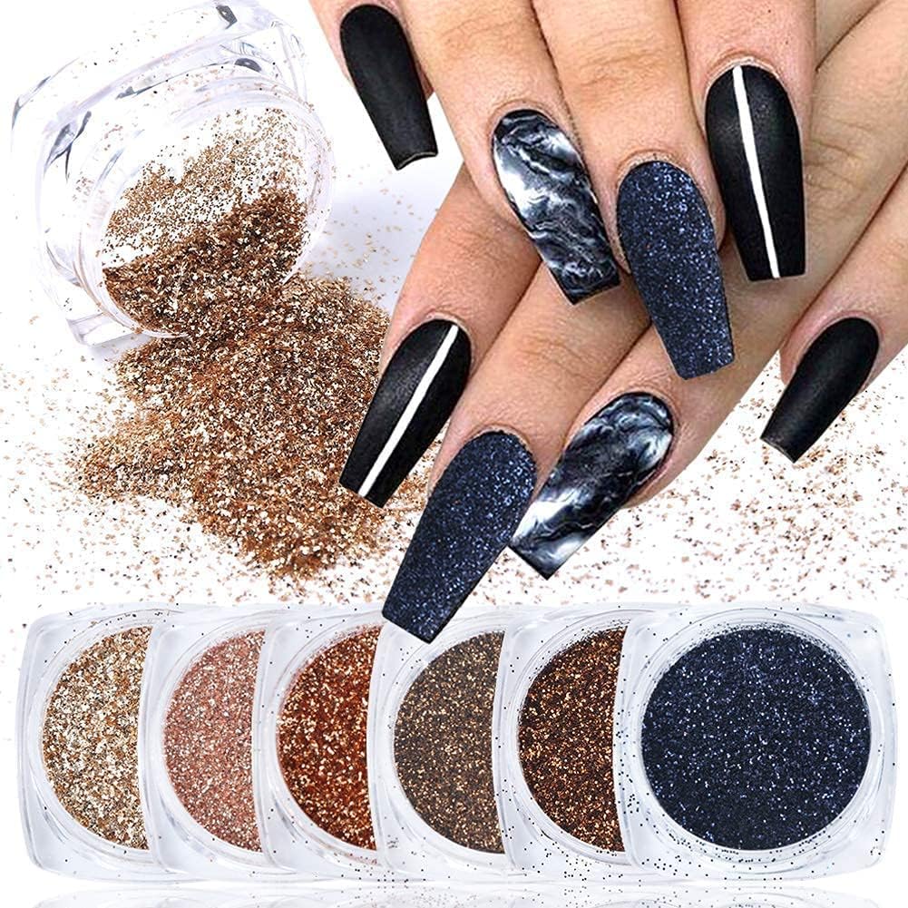 6 Boxes Holographic Sugar Glitter Nail Art Sequins Kits 3D Metallic Shining Flakes Acrylic Powder Dust for Women Nails Design Manicure Decorations