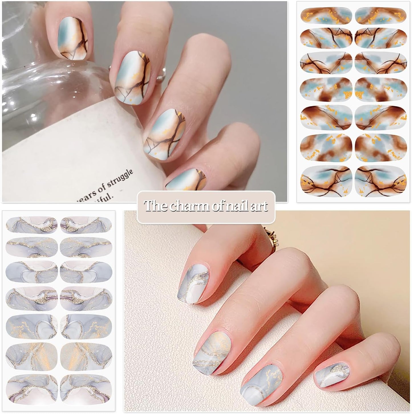 DANNEASY 16 Sheets Nail Polish Strips for Women Girl Marble&Fluorescence Nail Polish Stickers Full Nail Wraps Gel Nail Strips Self Adhesive Manicure Design Sticker Nails with File, Cuticle Stick