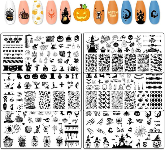 Hying 6pcs Halloween Nail Art Stamping Plates for Women Nail Art, Stainless Steel Jack-o'-Lantern Pumpkin Nail Plates Template Set for Halloween Decoration Spooky Blood Spiderweb Stamp Templates Kit