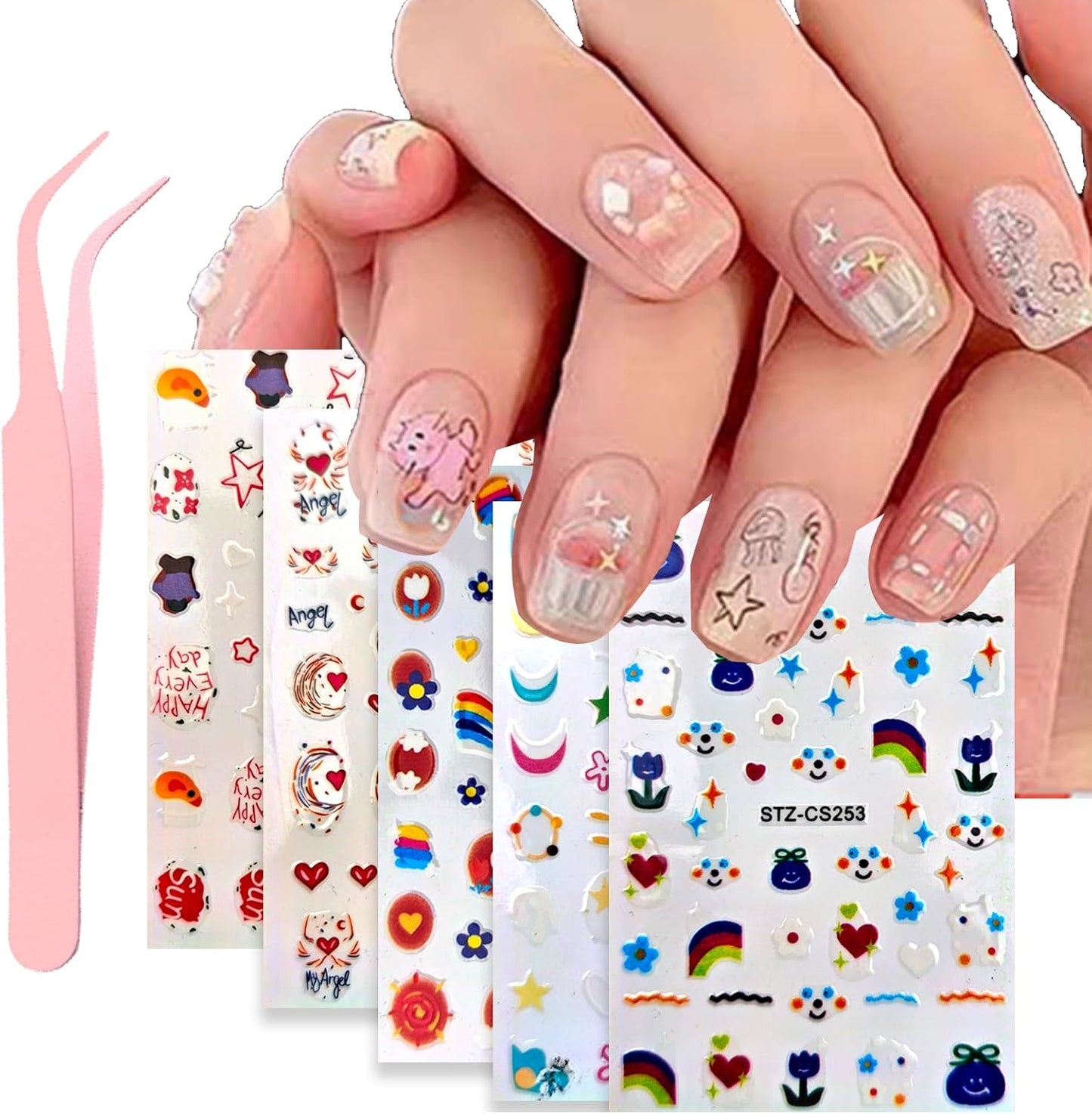 Flower Nail Art Stickers The Moon and The Stars Decals, Adhesive Nail Supplies Accessories 3D Flower Stickers for Women DIY Decoration (5 PS + one Clip)