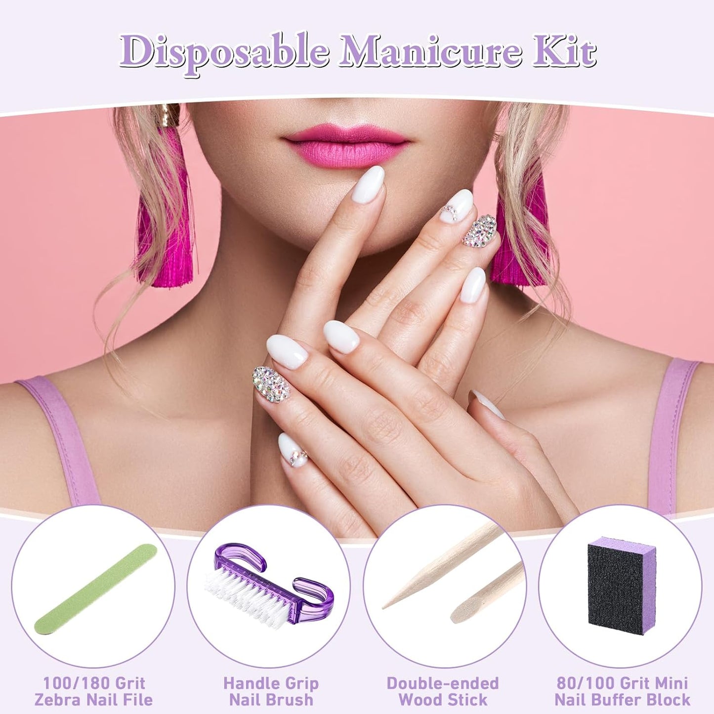100 Sets Professional Disposable Manicure Kit Basics 4 Piece Nail Kit Wood Nail File 100/180 Grit, Mini Buffer 80/100 Grit, Wood Stick and Handle Grip Brush Gifts(Purple)