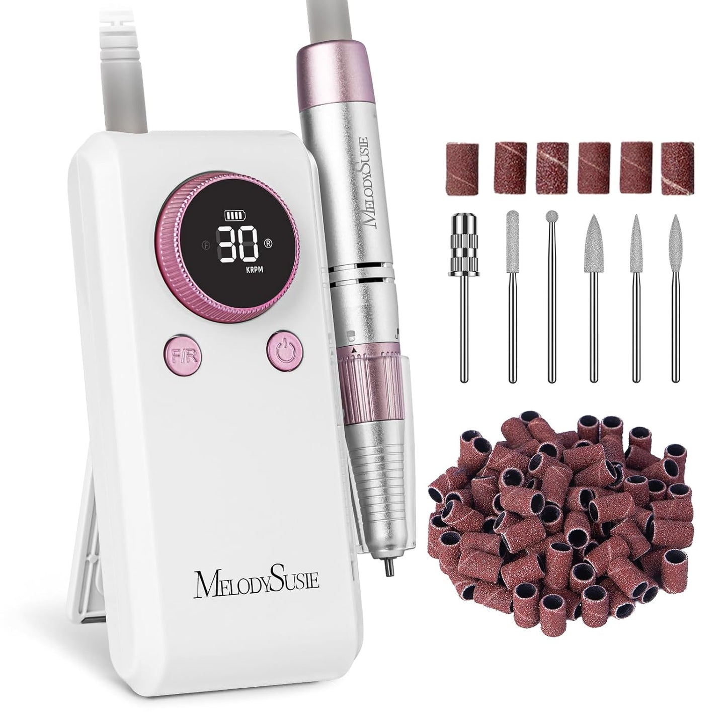 MelodySusie 2 in 1 Professional Nail Drill, 30000 RPM SC330G Electric Nail File with Kickstand for Gel Nails Polishing Removing, Portable Cordless Nail Efile for Manicure Pedicure at Home & Salon,Rose