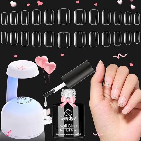 Beetles Gel Nail Tips Kit Square 500Pcs Pre-shaped Extra Short Square Nail Tips with 5 in 1 Mutipurpose Glue Gel Base Uv Led Nail Lamp