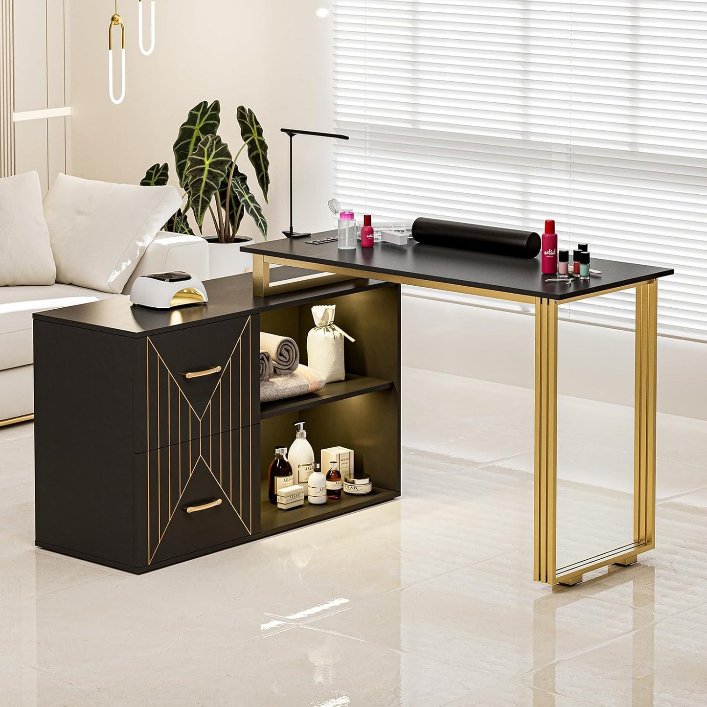 Paddie Manicure Table for Nail Tech with Wrist Cushion, Corner Nail Desk with 2 Drawers and 2 Shelves, Beauty Salon Nail Supplies Decor Station with 16 Colors LED Lights （Black）