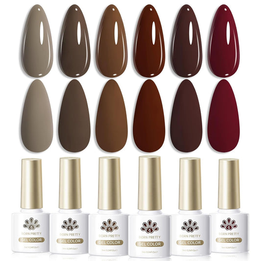 Born Pretty Fall Winter Gel Nail Polish Burgundy Wine Red Caramel Brown Coffee Autumn Gel Polish Set Gel Nail Kit Christmas Gift Nail Art Manicure Collection 6PCS 7ML