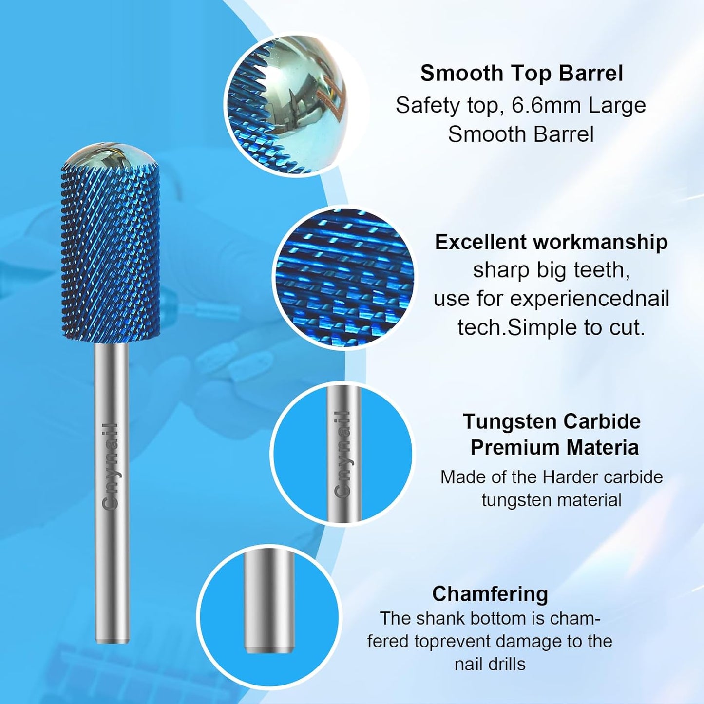 3/32" Large Barrel Smooth Round Top Tungsten Carbide Nail Drill Bit Safety Bit for Gel & Acrylic Removal, 2-Way Rotating Efile Tip, Salon Electric File Accessory (F Grit, Blue)
