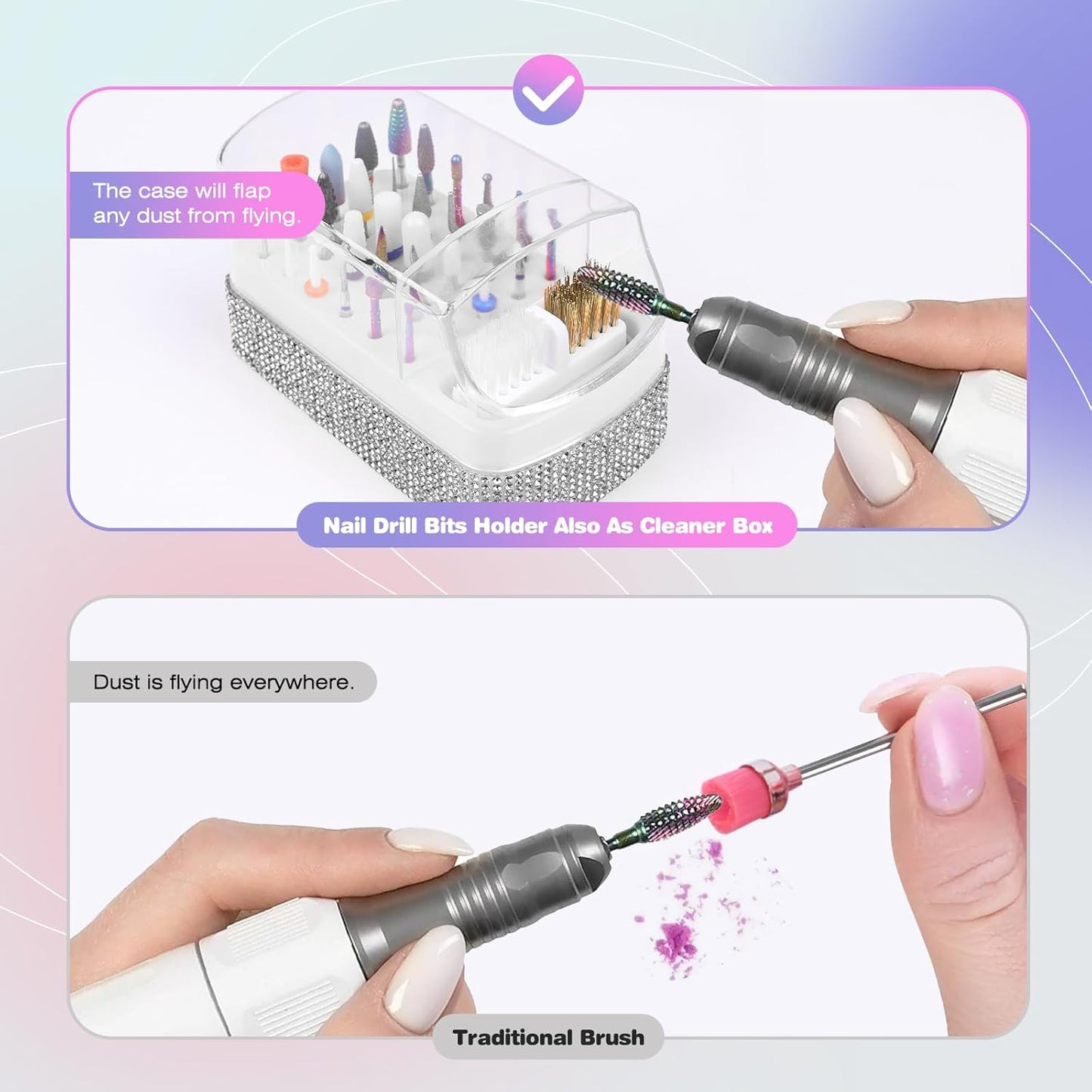 2 in 1 Nail Drill Bits Holder: 30 Holes Nail Bits Organizer Case with Cleaner Brush, Dustproof Efile Nail Tech Bits Storage Container Box Manicure Tools Accessories Display for Salon Home(Only Box)