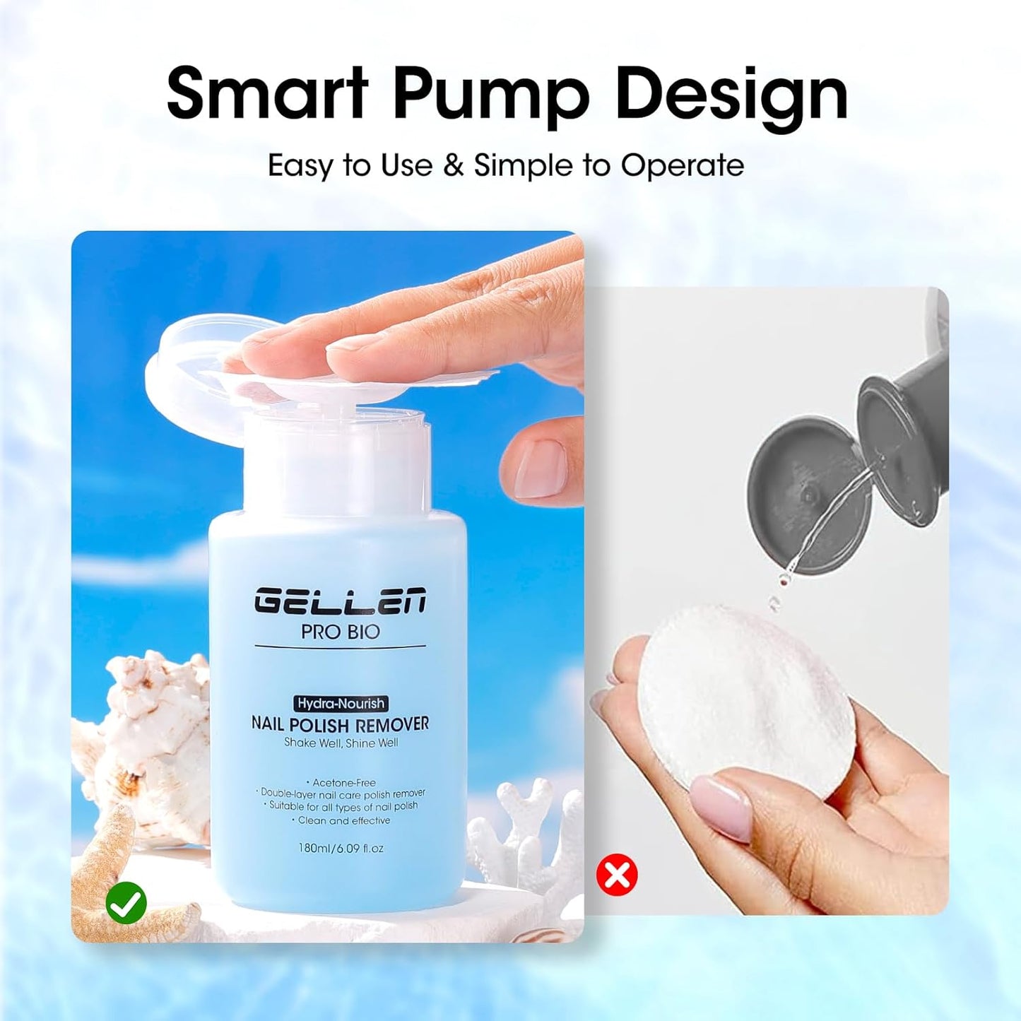 Gellen Non Acetone Nail Polish Remover, Non Toxic Fingernail Polish Remover for Quick Dry Nail Polish, Ocean Scent Dual-phase Nourishing Gentle Nail Polish Remover with Easy Push-down Pump, 6.09 Fl Oz