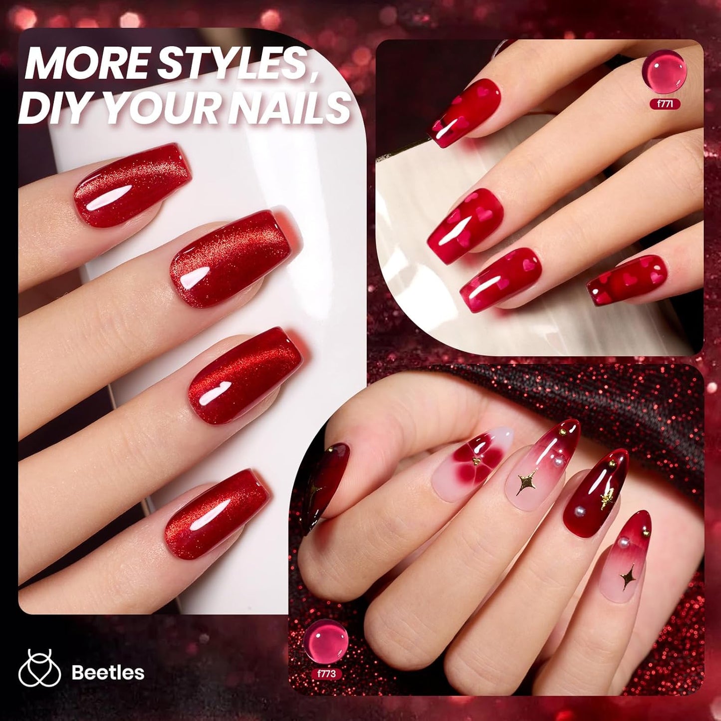 Beetles Red Jelly Gel Nail Polish Set - Luminous Ruby Jelly Gel Polish, 6 Colors Burgundy Red Gel Nail Kit Neutral Sheer Translucent Effect Soak off UV DIY Salon Manicure Gift for Women