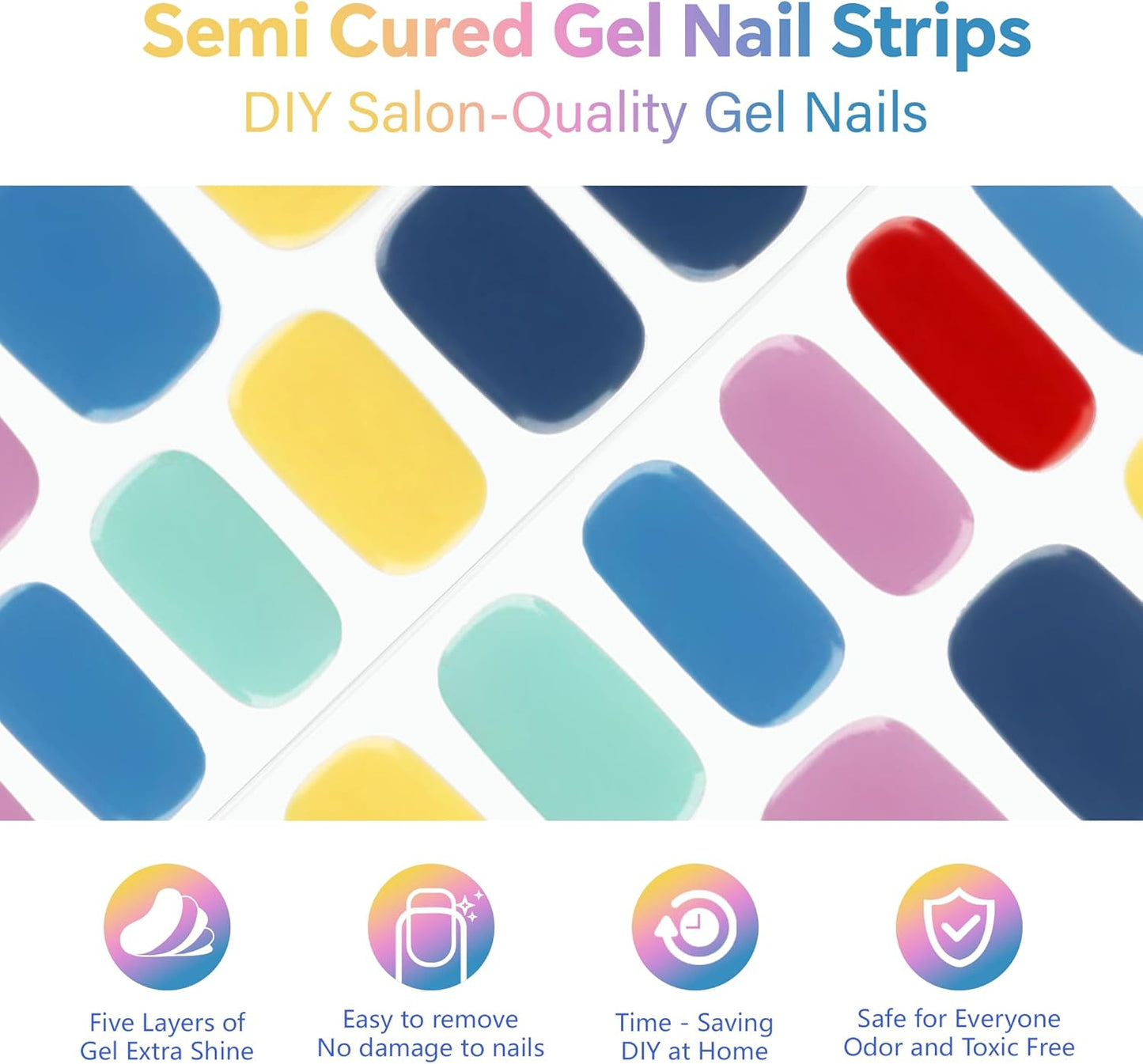 Semi Cured Gel Nail Strips-Semi-Gel Nail Polish Stickers Easy DIY for Beginners Trendy Candy Colors for Music Festiveals,Works with Any UV/LED Lamps(Pastel Dark Colors)